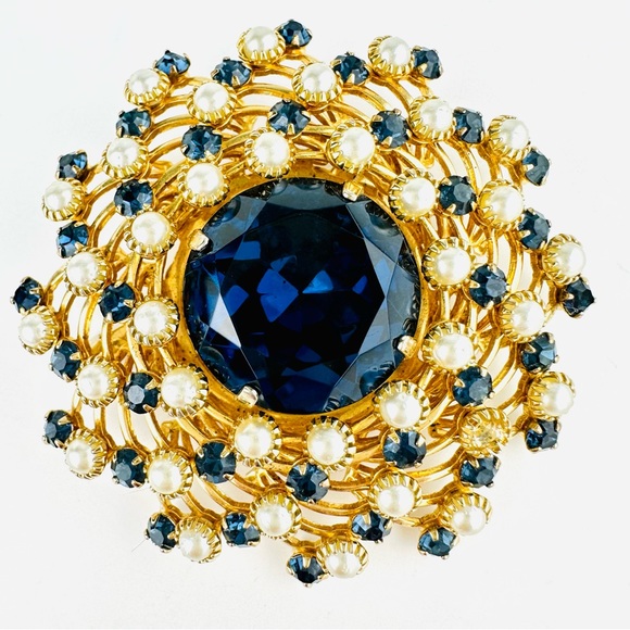 VTG Judy Lee Pinwheel Wreath Sapphire Blue Glass Rhinestone Gold Plated Brooch - Picture 3 of 16